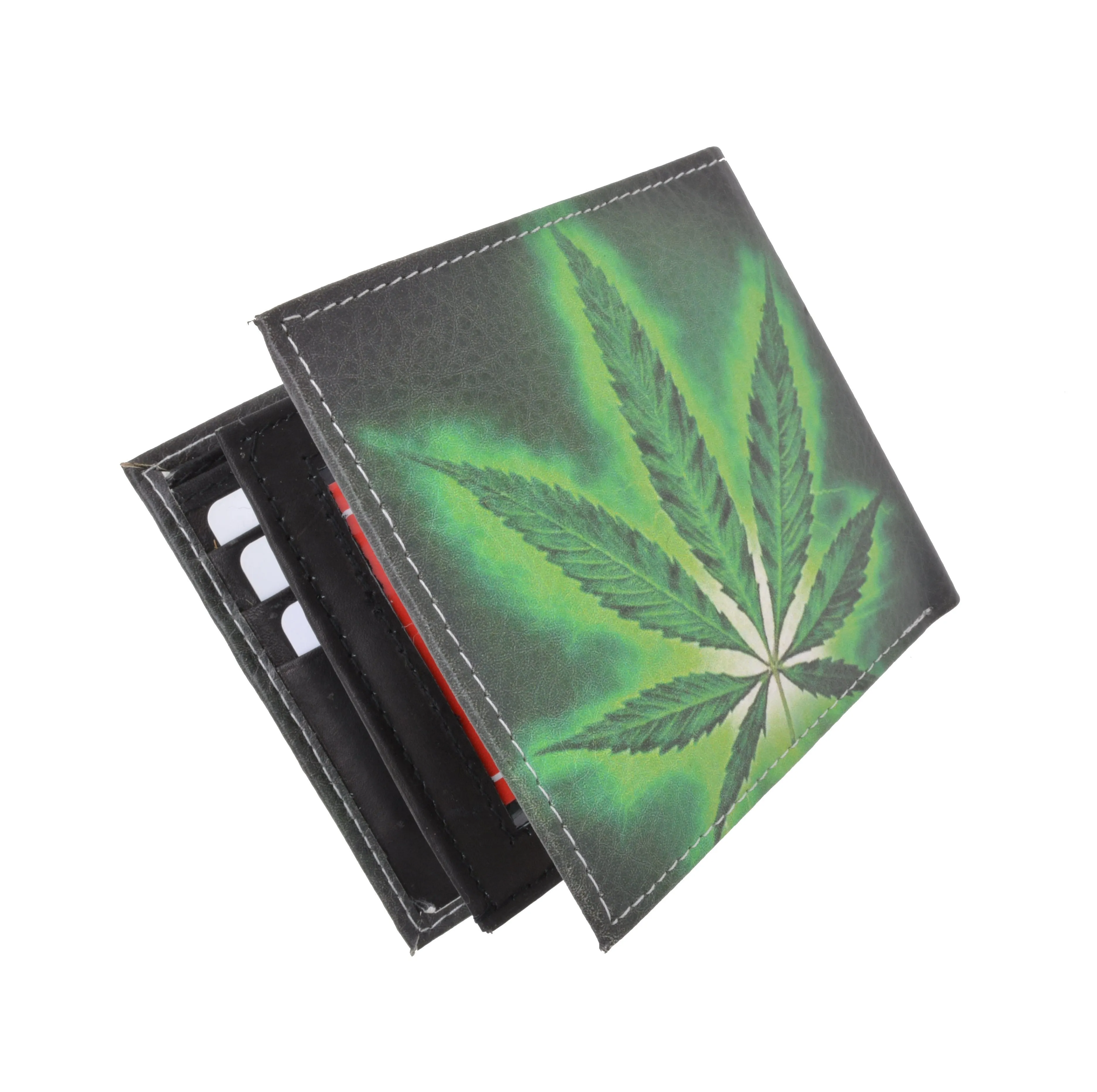 1246-19 Marijuana Leaf Men's Genuine Leather Bifold Multi Card ID Center Flap WalleT