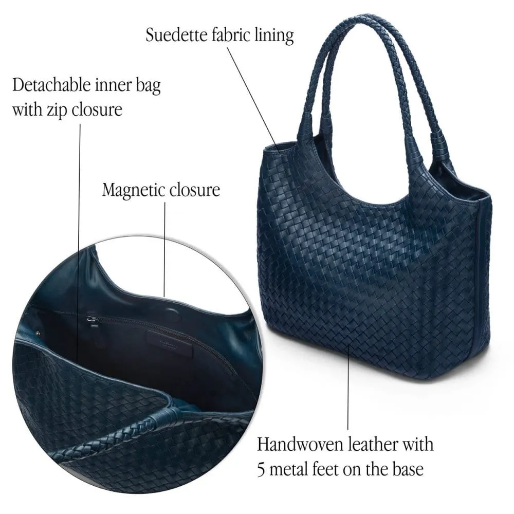Anya Woven Leather Shoulder Bag - Navy