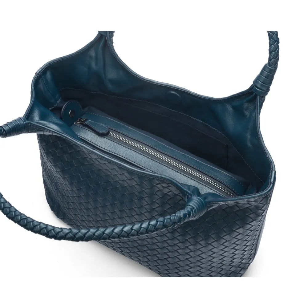 Anya Woven Leather Shoulder Bag - Navy