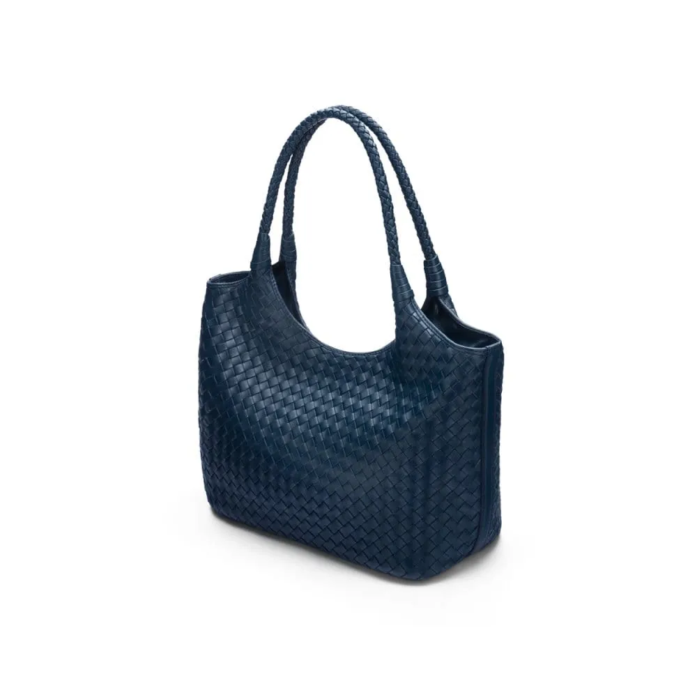Anya Woven Leather Shoulder Bag - Navy