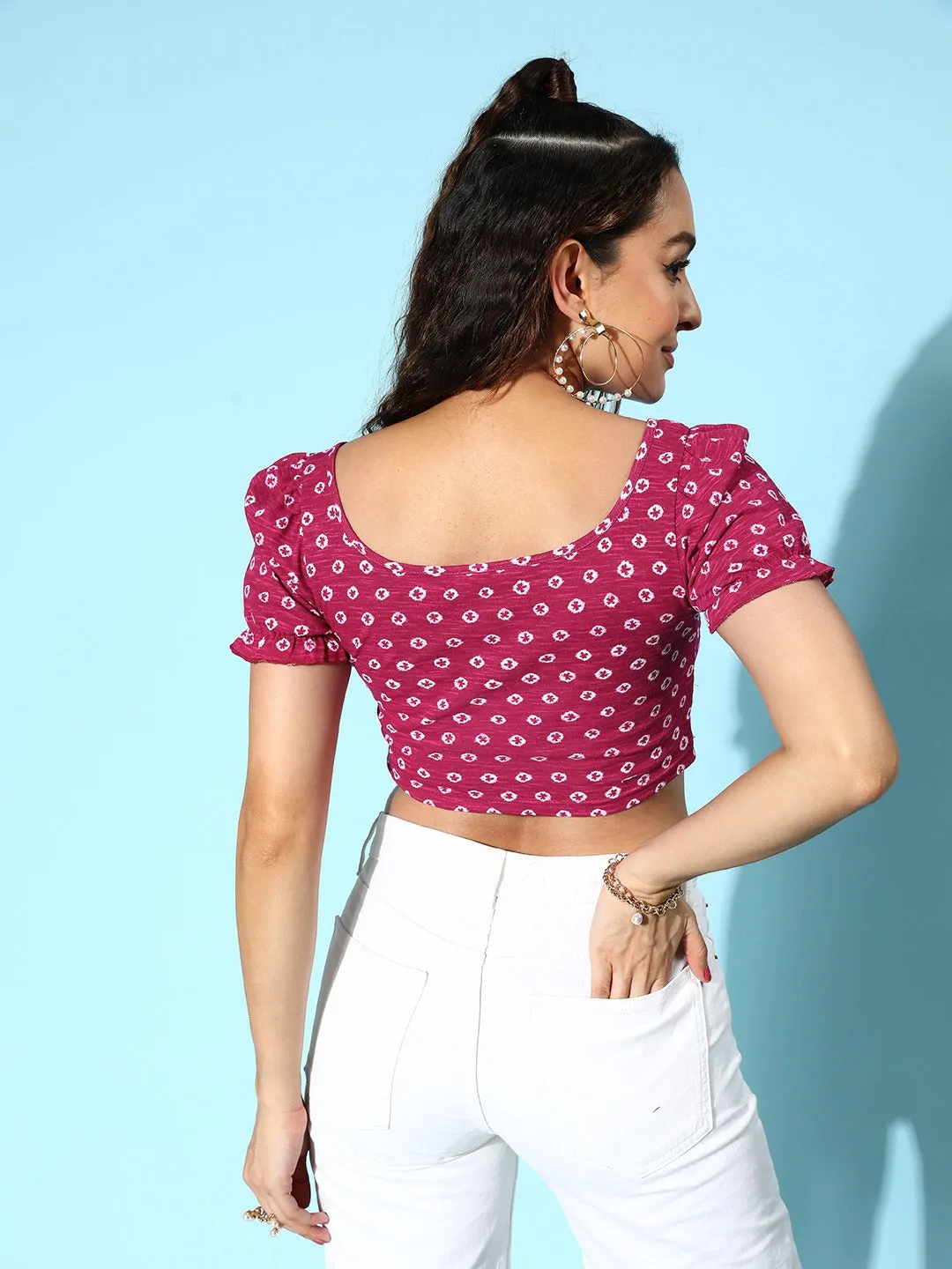Berrylush Women Pink & White Ethnic Motifs Printed Tie-Up Neck Puff Sleeves Cotton Bardot Cropped Top