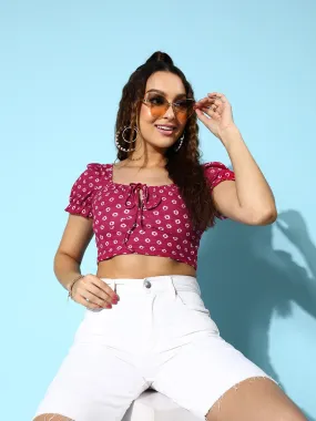 Berrylush Women Pink & White Ethnic Motifs Printed Tie-Up Neck Puff Sleeves Cotton Bardot Cropped Top