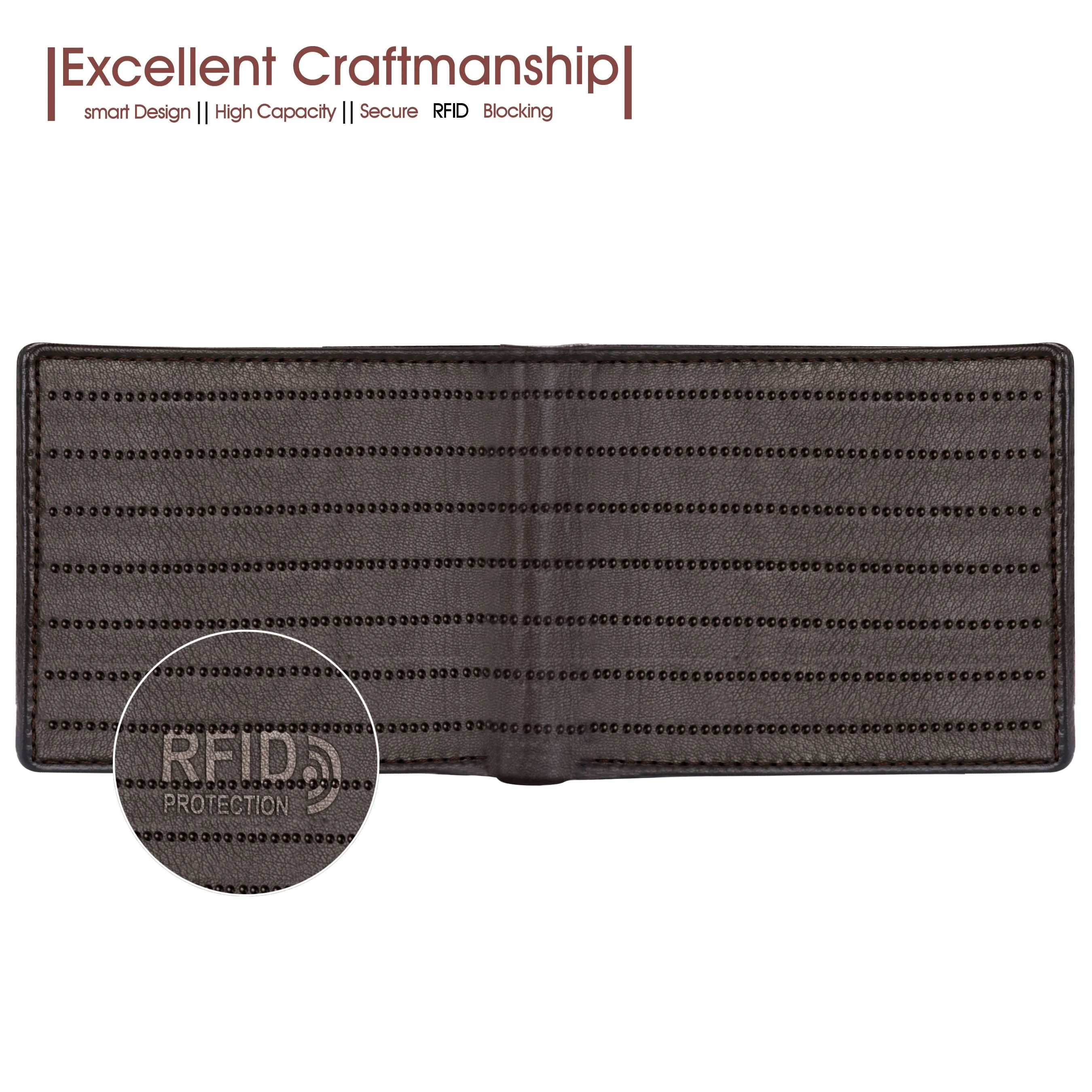 Bi-Fold Embossed Dotted Lines Premium Dark Brown RFID Blocking Leather Wallet for Men with Zipper Coin Pocket Feature