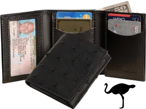 Black Ostrich Full Quill Luxury Designer Exotic Trifold Wallet With ID Window