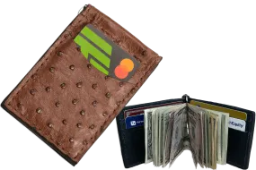 Brown Ostrich Bifold Slim Profile Wallet With Money Clip
