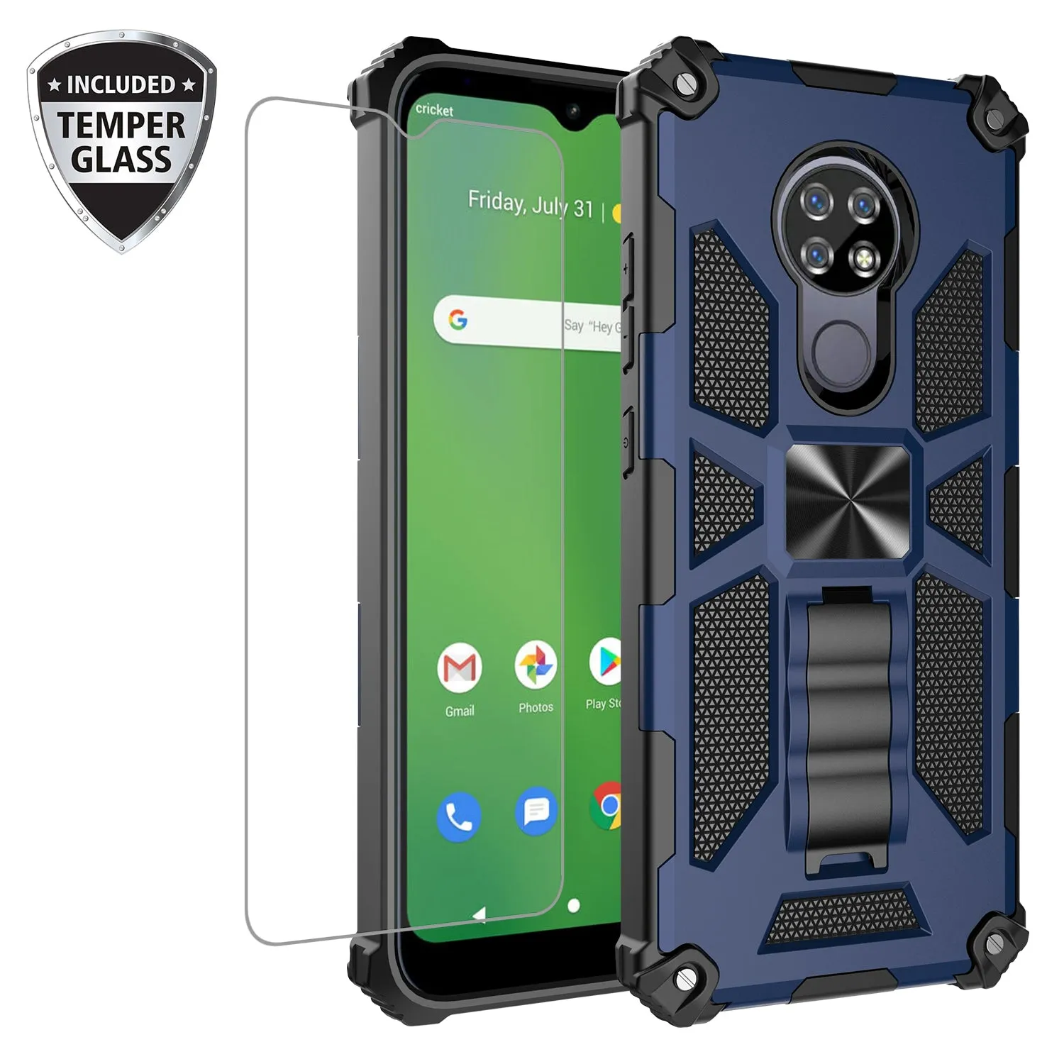 Cricket Ovation Case/AT&T Radiant Max Case [Military Grade] Ring Car Mount Kickstand Hybrid Hard PC Soft TPU Shockproof Protective Case - Blue