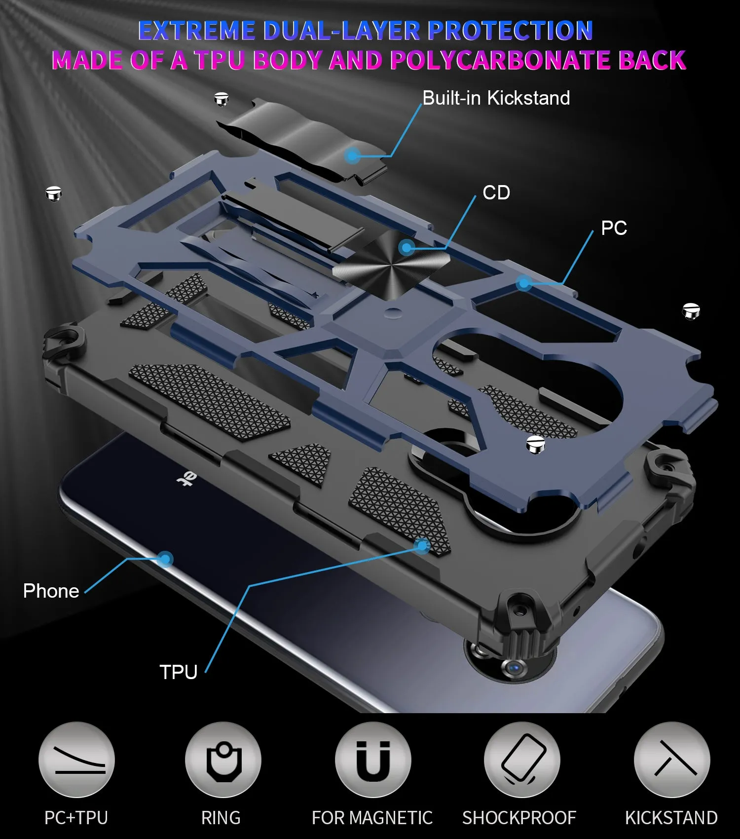 Cricket Ovation Case/AT&T Radiant Max Case [Military Grade] Ring Car Mount Kickstand Hybrid Hard PC Soft TPU Shockproof Protective Case - Blue