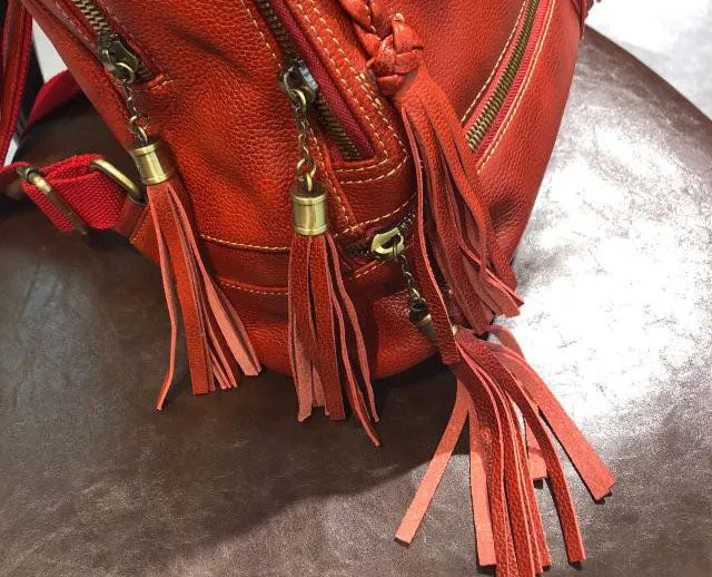 Designer Womens Leather Rucksack Backpack Purse with Fringe for Women