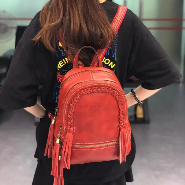 Designer Womens Leather Rucksack Backpack Purse with Fringe for Women