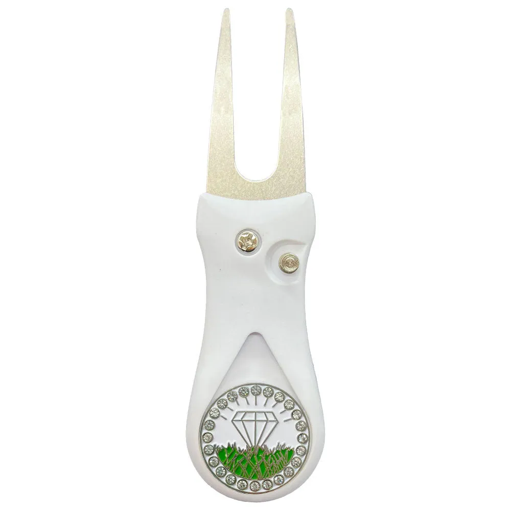 Diamond In The Rough (White) Golf Ball Marker With Colored Divot Repair Tool