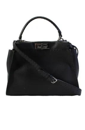Fendi Womens Top Handle Grain Leather Two Way Peekaboo Handbag Dark Gray