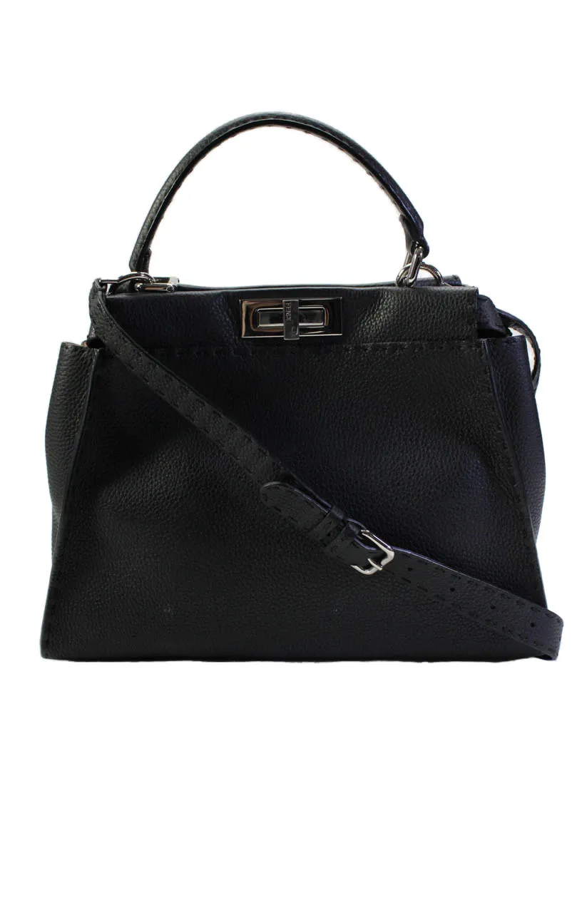 Fendi Womens Top Handle Grain Leather Two Way Peekaboo Handbag Dark Gray