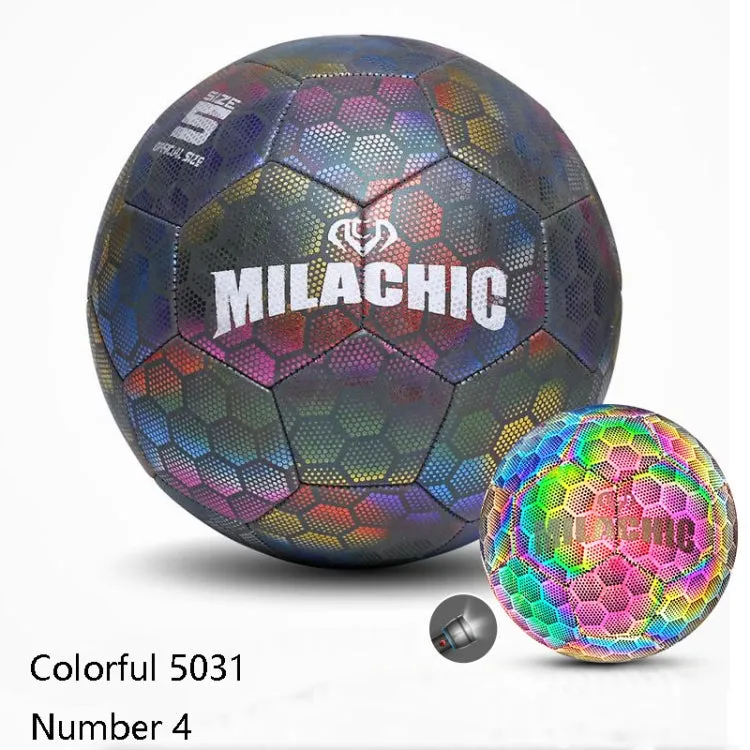 MILACHIC PU Leather Machine Stitch Luminous Fluorescent Reflective Football, Specification: Number 4 (Colorful 5031)