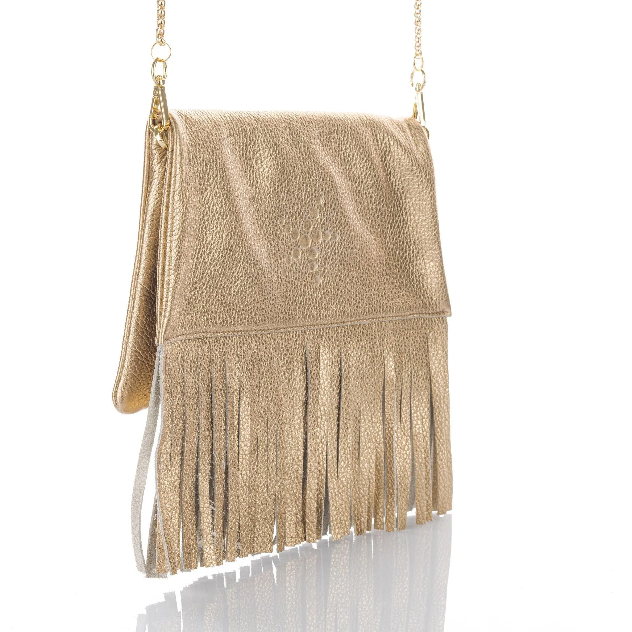 Nicole - Fringe Grain Leather Clutch Bag - Gold