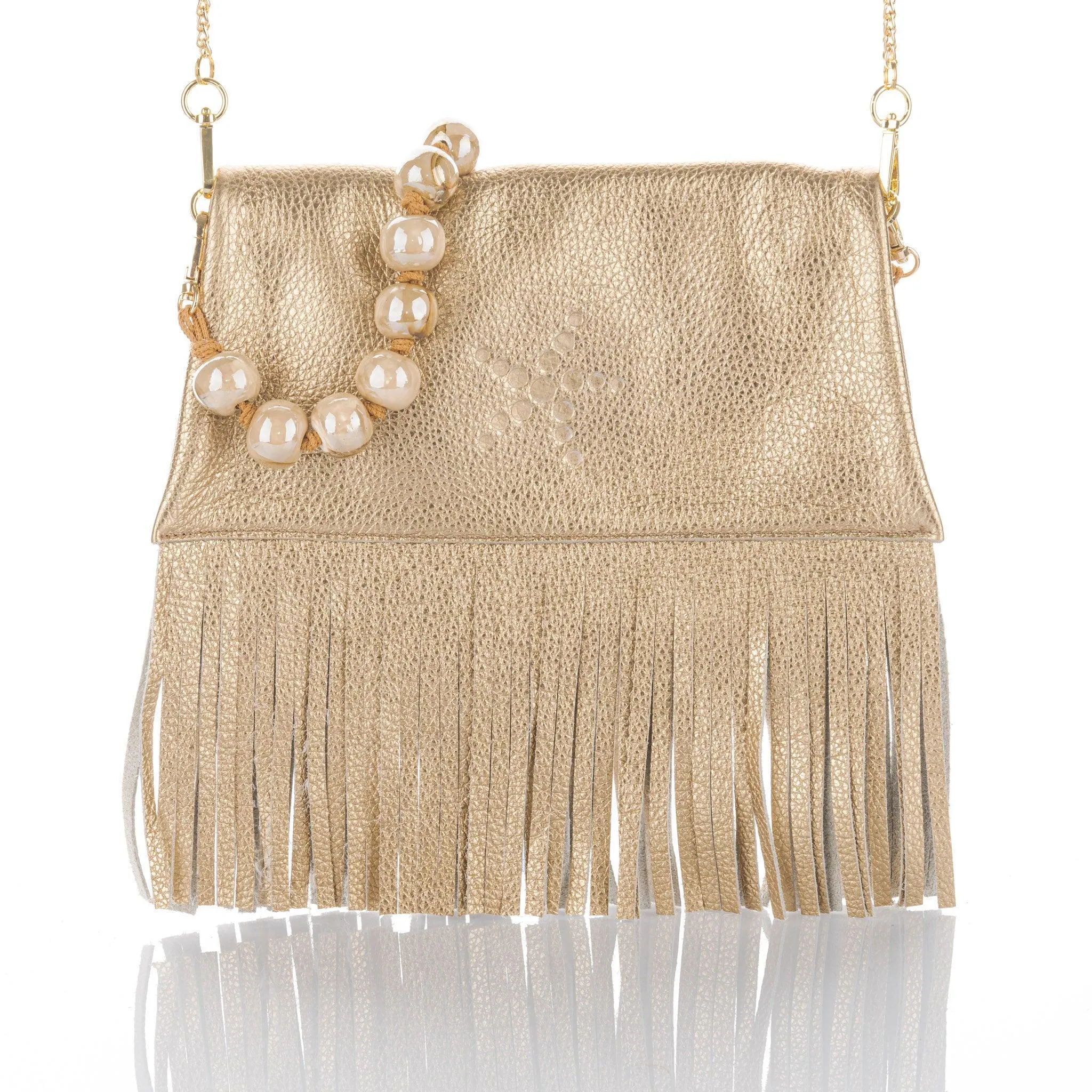 Nicole - Fringe Grain Leather Clutch Bag - Gold
