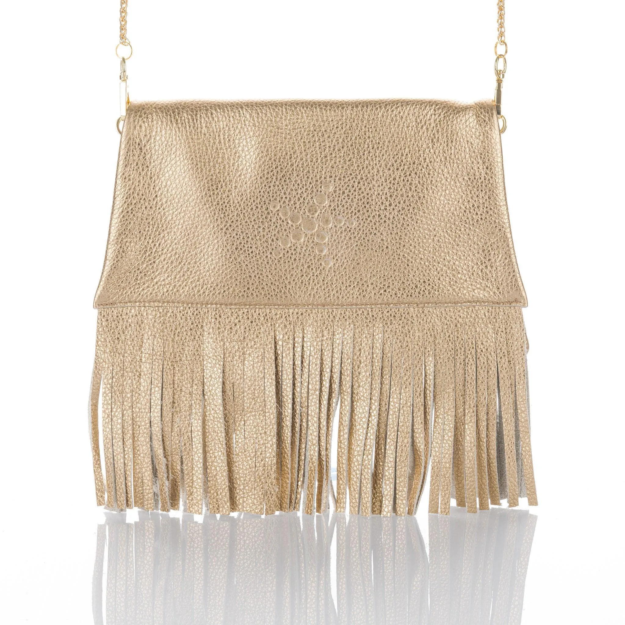 Nicole - Fringe Grain Leather Clutch Bag - Gold