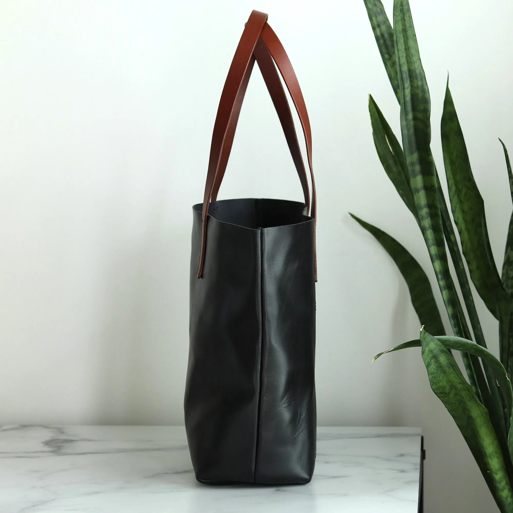 Seconds Sale - Minimalist Leather Tote - Luxe Black with Brown Straps