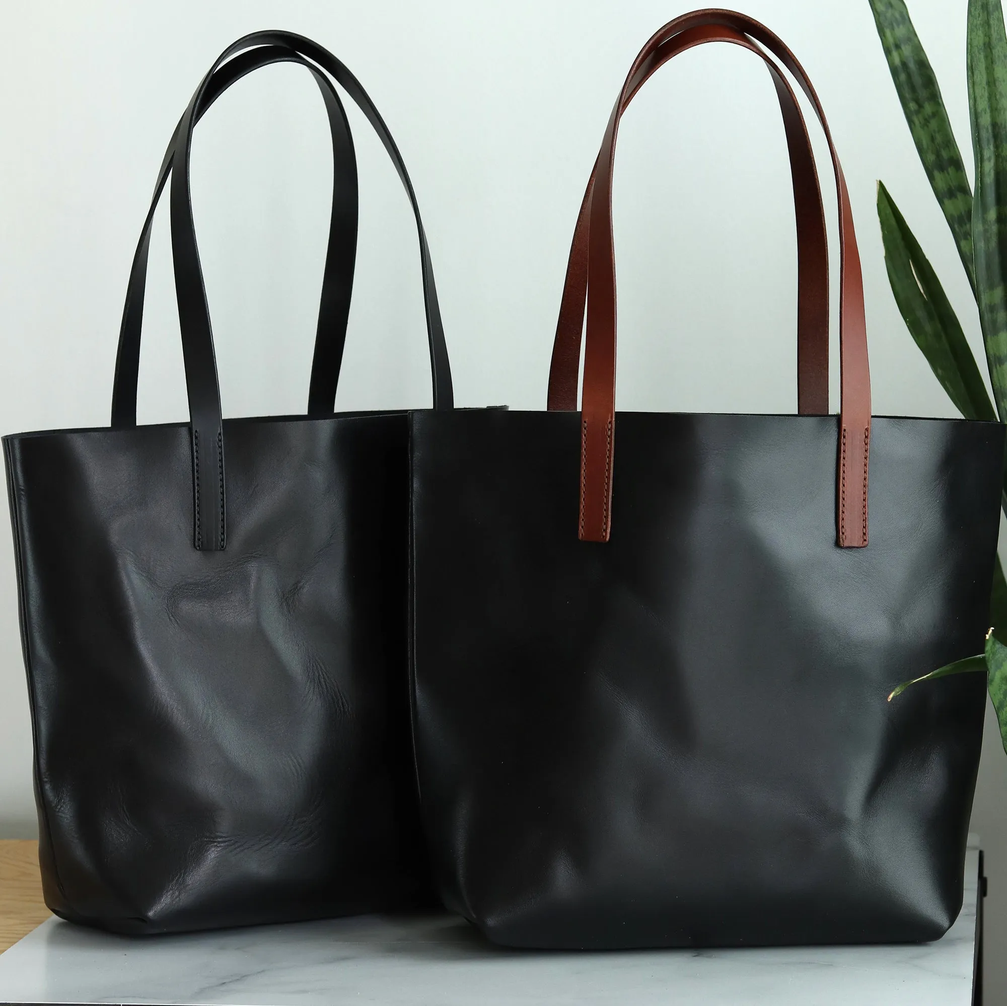 Seconds Sale - Minimalist Leather Tote - Luxe Black with Brown Straps