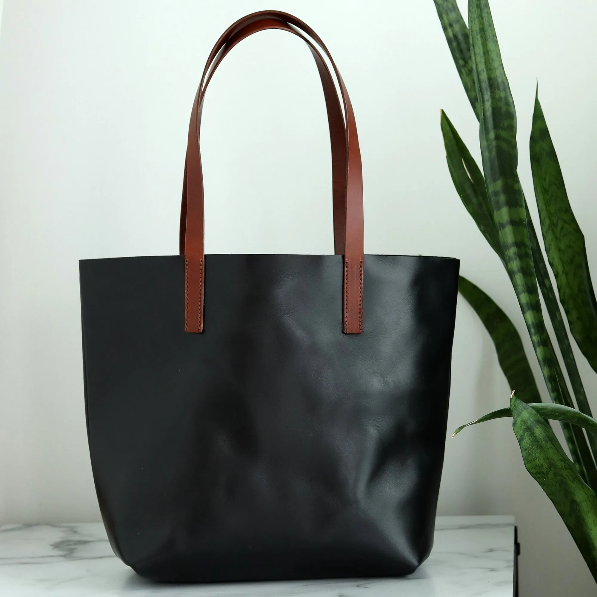 Seconds Sale - Minimalist Leather Tote - Luxe Black with Brown Straps