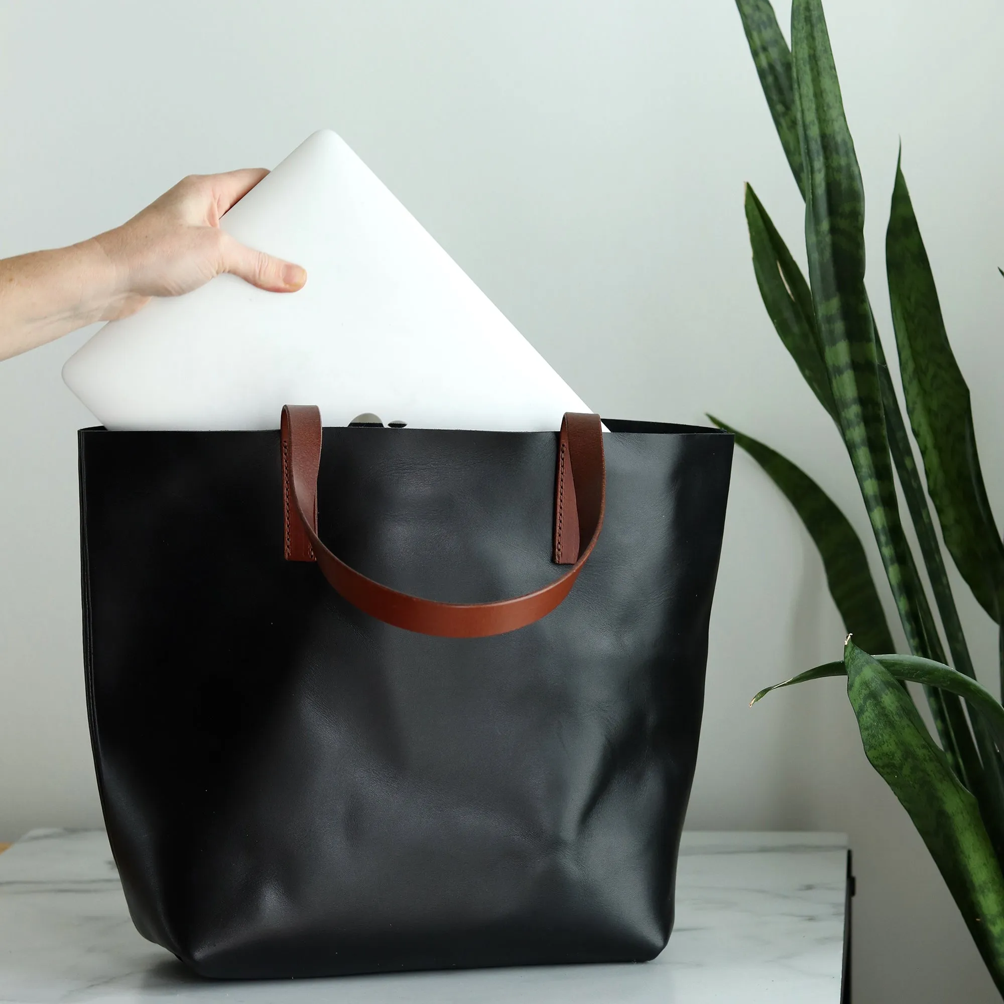 Seconds Sale - Minimalist Leather Tote - Luxe Black with Brown Straps
