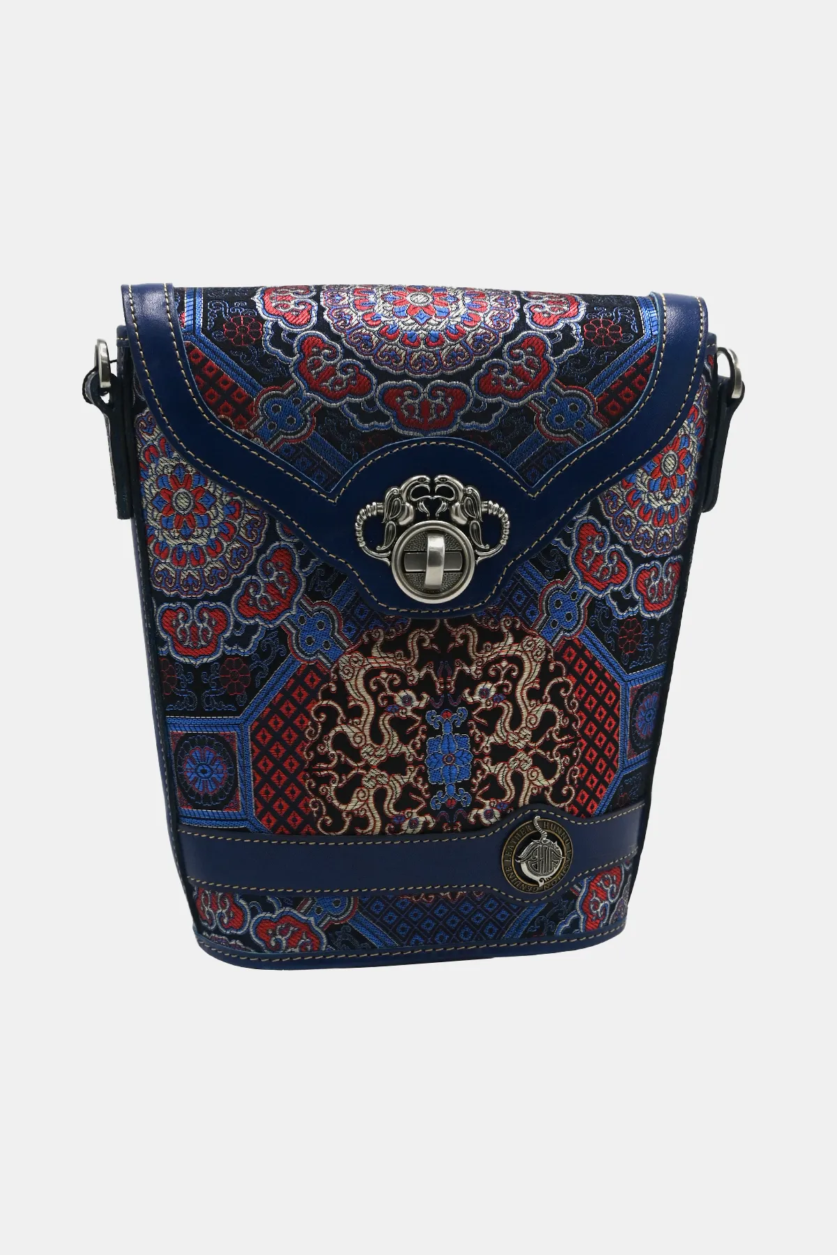 Silk Detailed Navy Leather Bucket bag