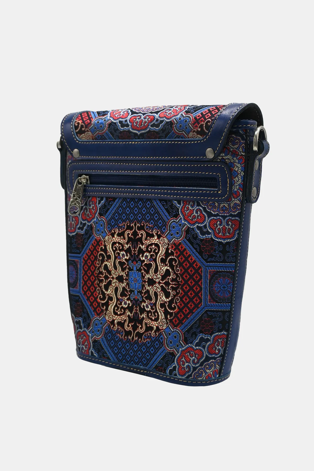 Silk Detailed Navy Leather Bucket bag