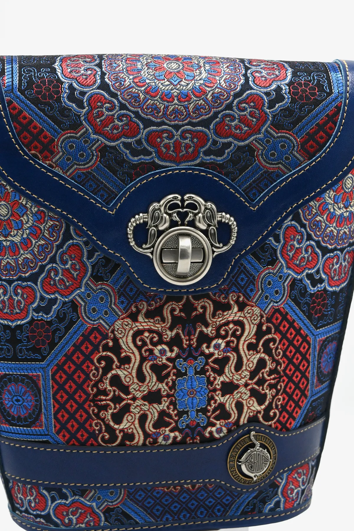 Silk Detailed Navy Leather Bucket bag