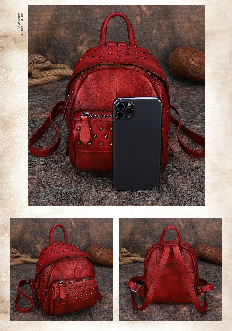 Small Rivets Leather Backpack Purse for Women