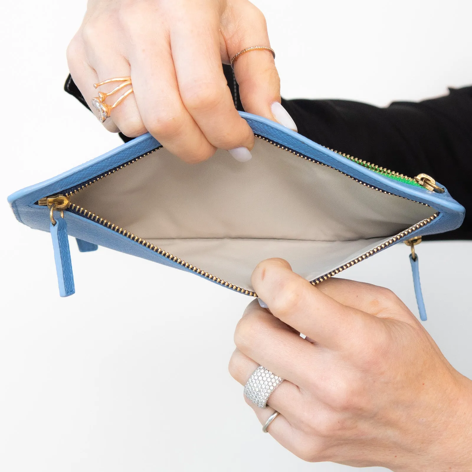 Smythson Multi Zip Travel Leather Wallet in Periwinkle Blue Grained Leather