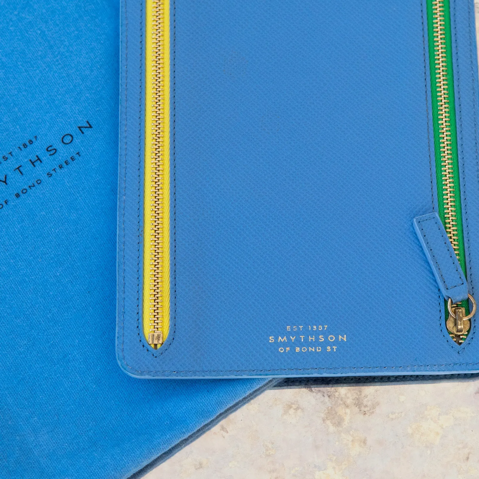 Smythson Multi Zip Travel Leather Wallet in Periwinkle Blue Grained Leather