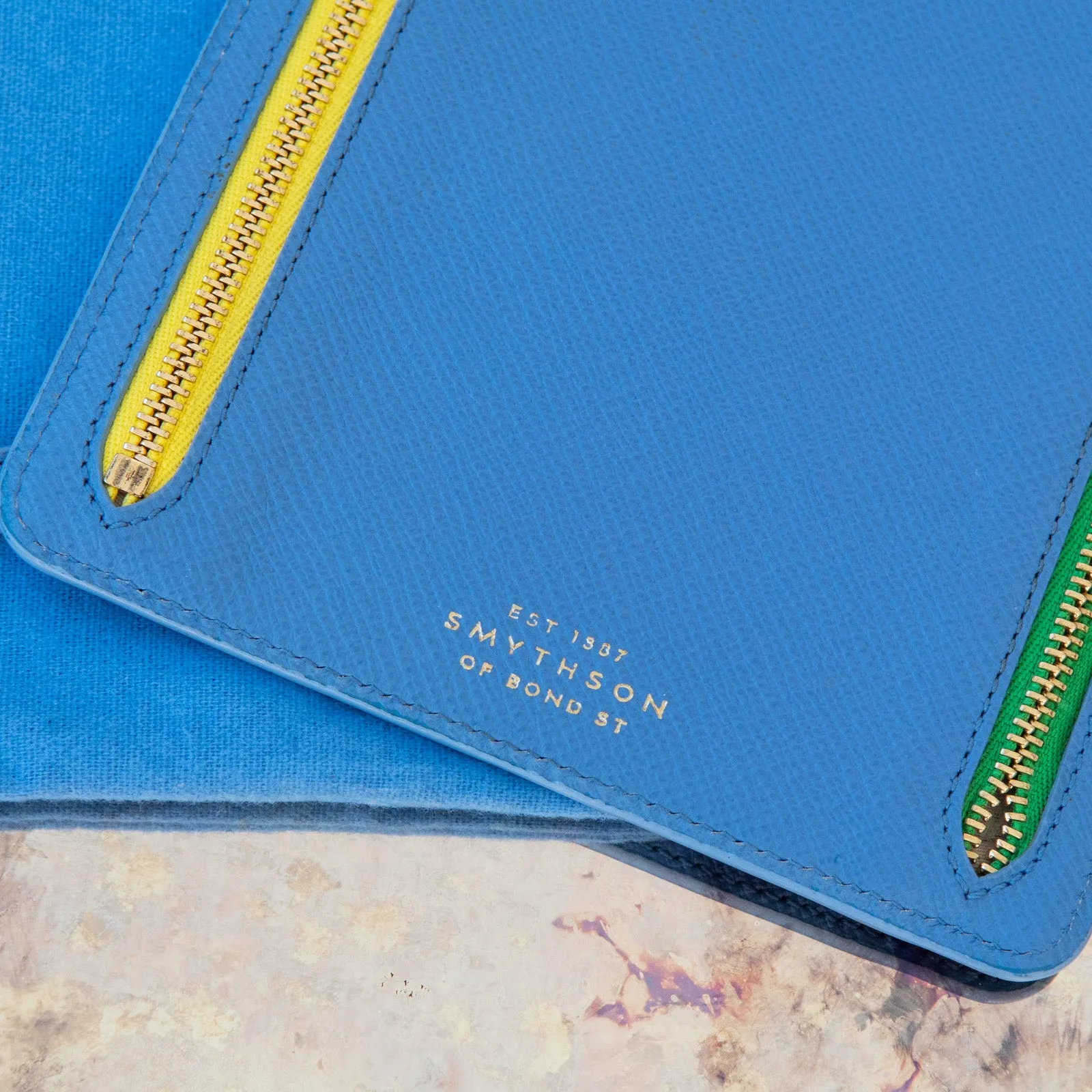 Smythson Multi Zip Travel Leather Wallet in Periwinkle Blue Grained Leather