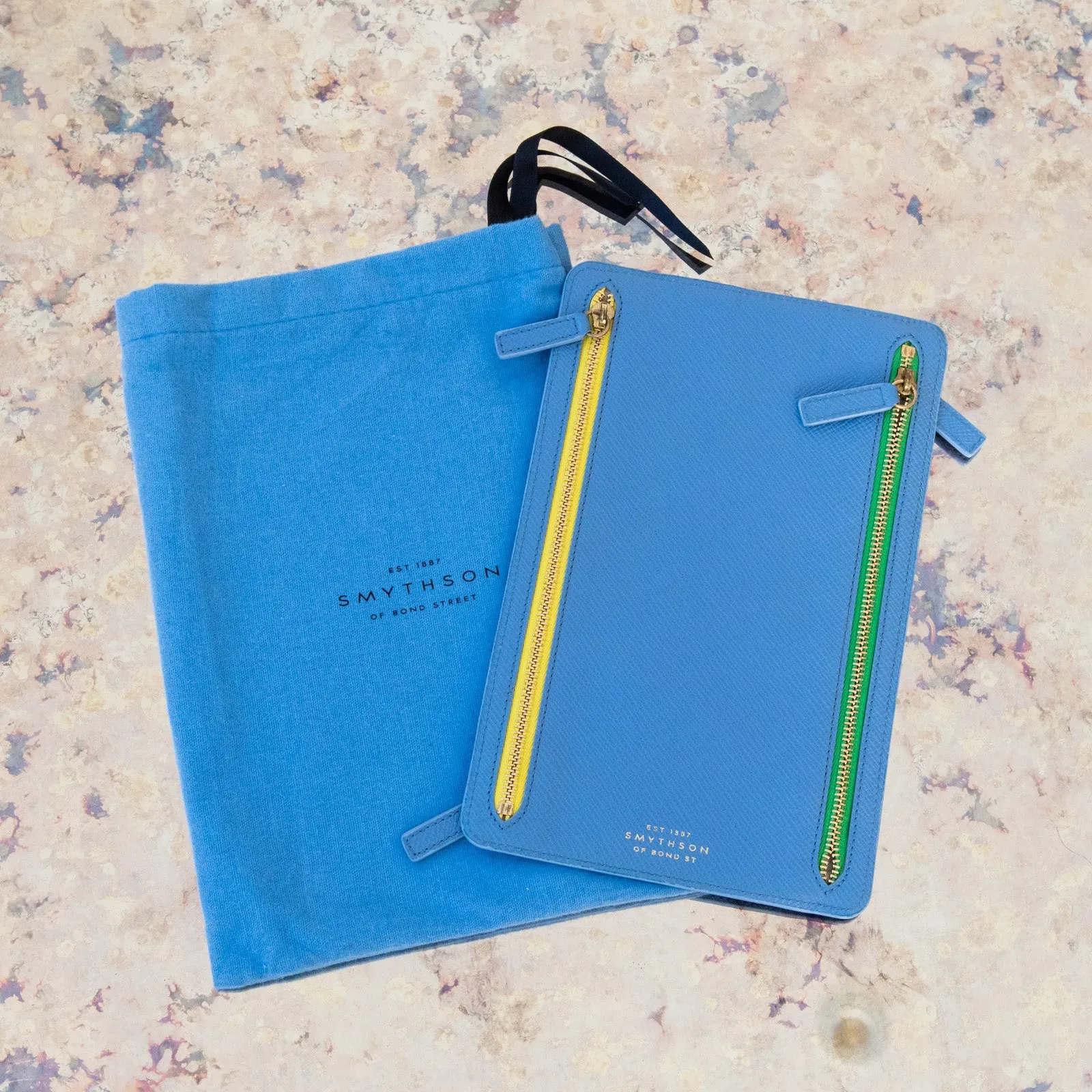 Smythson Multi Zip Travel Leather Wallet in Periwinkle Blue Grained Leather