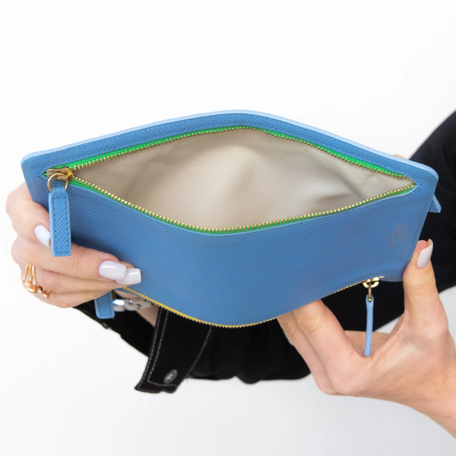 Smythson Multi Zip Travel Leather Wallet in Periwinkle Blue Grained Leather