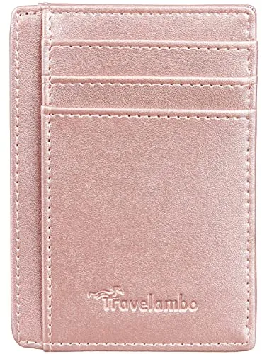 Travelambo Front Pocket Minimalist Leather Slim Wallet RFID Blocking Medium Size(Rose Gold)